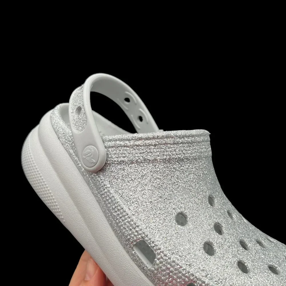 Crocs Youth Girls Platform Glitter Clog Size 2-3‎ Silver Slip-on Comfortable